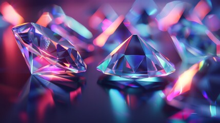 Aufkleber - 3D holographic shapes casting colorful reflections on a sleek, dark surface, giving a high-tech appearance. Close-up photo with clean background