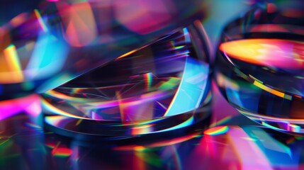 Aufkleber - 3D holographic shapes casting colorful reflections on a sleek, dark surface, giving a high-tech appearance. Close-up photo with clean background