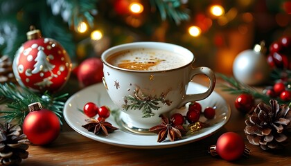 Wall Mural - festive coffee moment surrounded by cheerful Christmas decorations