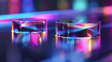 Aufkleber - 3D holographic shapes casting colorful reflections on a sleek, dark surface, giving a high-tech appearance. Close-up photo with clean background