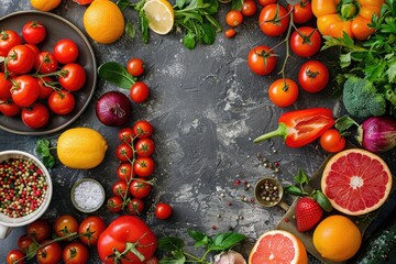 Wall Mural - Colorful Fresh Vegetables and Fruits on a Rustic Dark Background