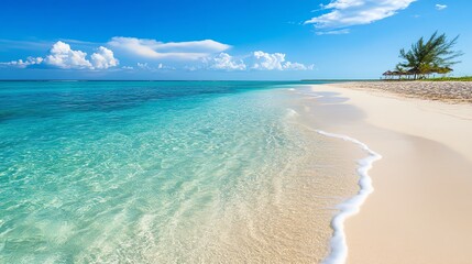 Wall Mural - A pristine beach with crystal-clear turquoise water and soft white sand under a bright blue sky.