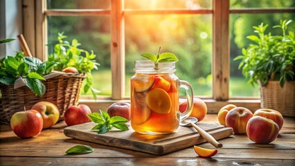 Peach iced tea in a mason jar with fresh peaches, sunny kitchen setting