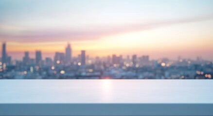 Poster - A blurred city skyline at sunset with a smooth surface in the foreground.