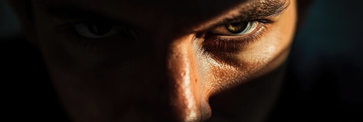 Canvas Print - A close-up of a person's intense gaze, highlighting dramatic lighting and shadows.