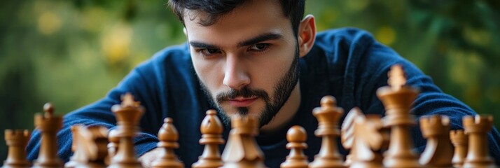 Poster - A focused individual contemplating a chess game with wooden pieces on a board.