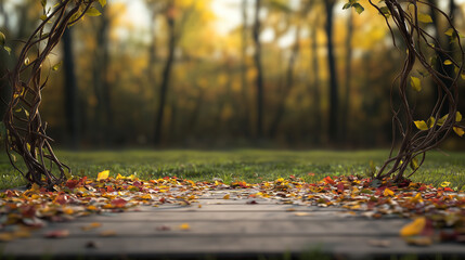 Wall Mural - Autumn podium product presentation with branches and twigs in forest carpet of colorful leaves