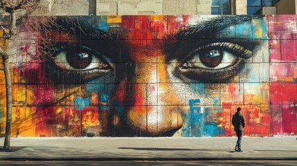 Wall Mural - A vibrant mural featuring expressive eyes on a city wall.