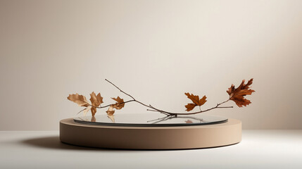 Wall Mural - Autumn glass podium product presentation with fallen leaves and small branches