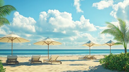 Wall Mural - Peaceful beach scene with white umbrellas and lounge chairs.