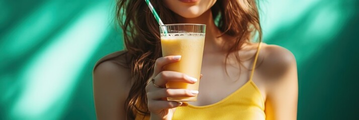 Sticker - A woman in a yellow top holds a refreshing orange drink with a straw against a vibrant background.