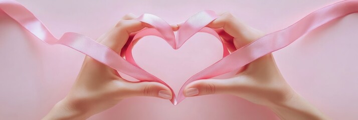 Wall Mural - Hands forming a heart shape with pink ribbon on a soft pink background.