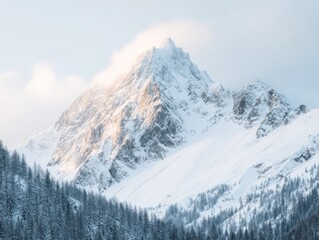 Poster - Majestic snow-capped mountain surrounded by evergreen trees under a soft sky.