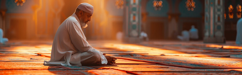 Elderly Man in Traditional Attire Praying in Mosque at Sunset