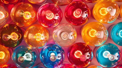 Aufkleber - A bright and cheerful pattern of various light bulbs, all glowing with different intensities and colors. Close-up photo with clean background