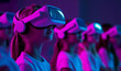 © Jaruwan photo - Children in an illuminated classroom wearing white VR headsets, experiencing virtual reality with focused expressions. room is bathed in vibrant pink and blue lighting, creating futuristic atmosphere