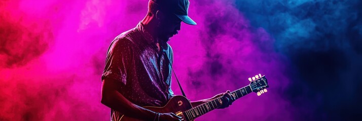 Poster - A guitarist performing on stage with colorful lighting and smoke effects.