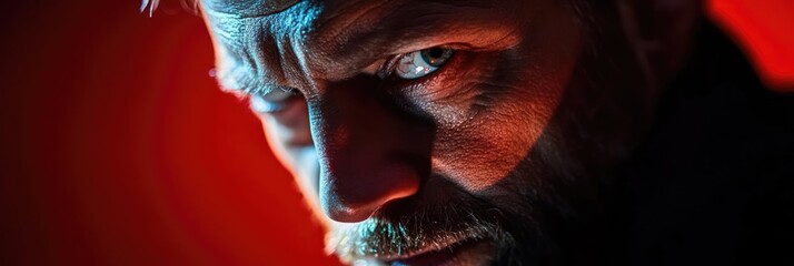 Canvas Print - A close-up portrait of a man with intense expression and dramatic lighting.