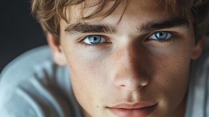 Close up portrait of a young man with blue eyes looking directly at the camera.