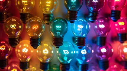 Aufkleber - A colorful pattern of shining light bulbs, arranged in a repetitive and energetic design. Close-up photo with clean background