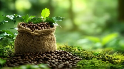 Freshly harvested coffee beans spilling from open sack in lush tropical jungle background new beautiful stock image illustration AI