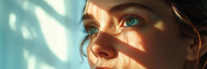 Wall Mural - A close-up of a person's face illuminated by soft light and shadows.