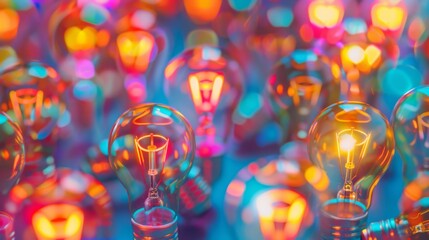 Aufkleber - A colorful pattern of shining light bulbs, arranged in a repetitive and energetic design. Close-up photo with clean background