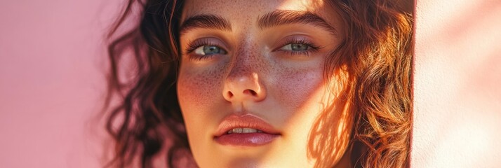 Wall Mural - A close-up portrait of a young woman with natural beauty against a soft pink background.