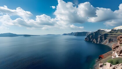 Wall Mural - Stunning Santorini Coastline with Iconic Architecture Against a Dramatic Sky and Clouds