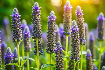 Delicate purple flowers bloom on lush green stalks of chia seed plants, showcasing tiny nutritious seeds amidst natural