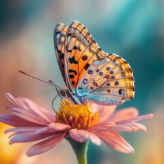 Poster - A vibrant butterfly perched on a pink flower, showcasing nature's beauty and detail.