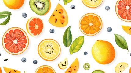 Wall Mural - A seamless pattern of fresh fruits like oranges, grapefruits, kiwi, and lemons.