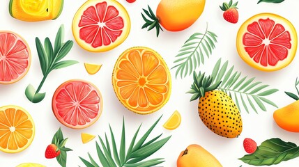 Wall Mural - Vibrant citrus fruits with tropical leaves and strawberries create a refreshing summer pattern.