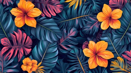 Wall Mural - Vibrant tropical leaves and flowers create a lush, summery pattern.