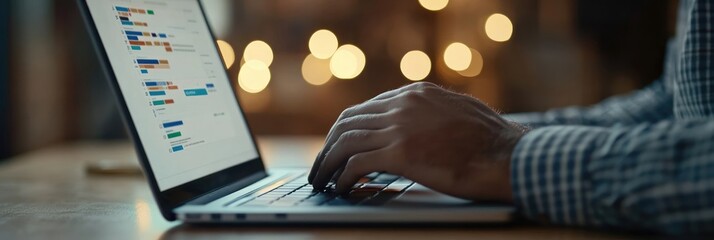 Poster - A person typing on a laptop with a blurred background of lights.