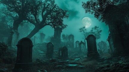 Wall Mural - cemetery at night