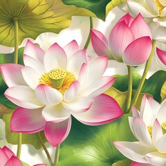 Sticker - Pink and White Lotus Flower with Green Leaves