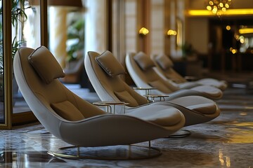 Stylish and comfortabl rlaxation chairs in a luxury hotl lobby for gust rlaxation.