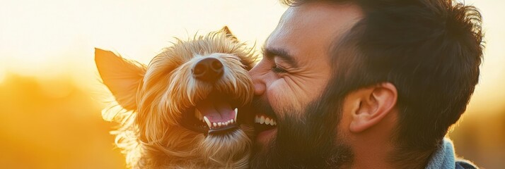 Sticker - A joyful moment between a man and his dog, sharing a smile in a sunny outdoor setting.