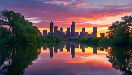 Tranquil sunset city skyline merging with lush nature, featuring trees and a flowing river