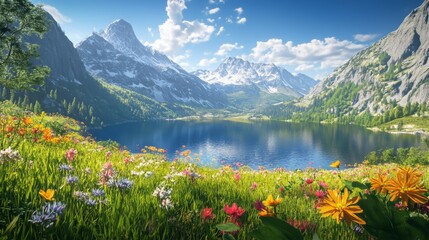 Wall Mural - Mountainous lake scenery with vivid green meadows, blooming flowers, tranquil blue lake, and majestic mountain backdrop.