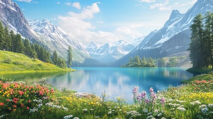 Mountainous lake scenery with vivid green meadows, blooming flowers, tranquil blue lake, and majestic mountain backdrop.