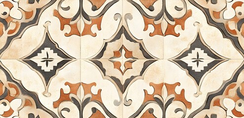 Wall Mural - Beige and Brown Floral Tile Pattern