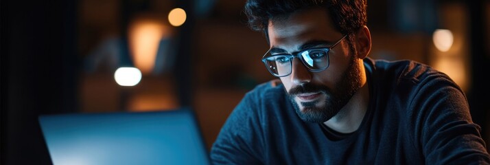 Wall Mural - A focused man working on a laptop in a dimly lit environment.