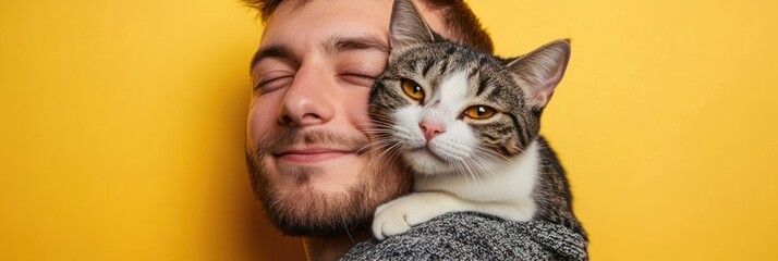 Wall Mural - A person smiles while holding a cat on their shoulder against a yellow background.