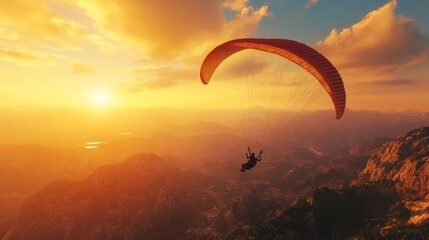 Person paragliding in the sky at sunset. Paraglider flying over the landscape. Adventure concept.