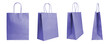 © katyamaximenko - Set of different angles blank purple craft paper bags isolated on white, transparent background. Eco friendly shopping bag made from recycled paper, recycling concept. Mockup, template, copy space