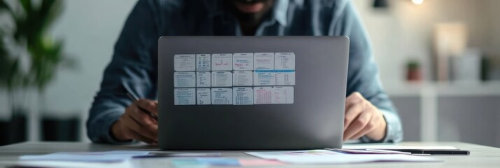 Sticker - A person working on a laptop surrounded by notes and plants in a modern workspace.