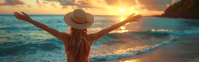 Woman in Hat Admiring Stunning Sunset on Tropical Beach