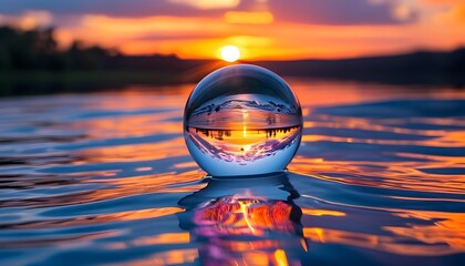 Wall Mural - Enchanting crystal ball mirroring a vibrant sunset on serene water, embodying tranquility, introspection, and the splendor of nature.